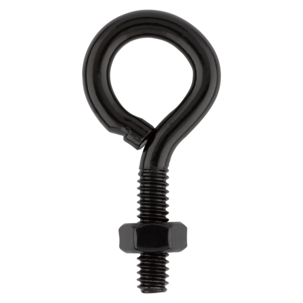 Black eye bolt with threaded shaft and nut featuring a storm shine finish for durable fastening in home improvement hardware tools under $50