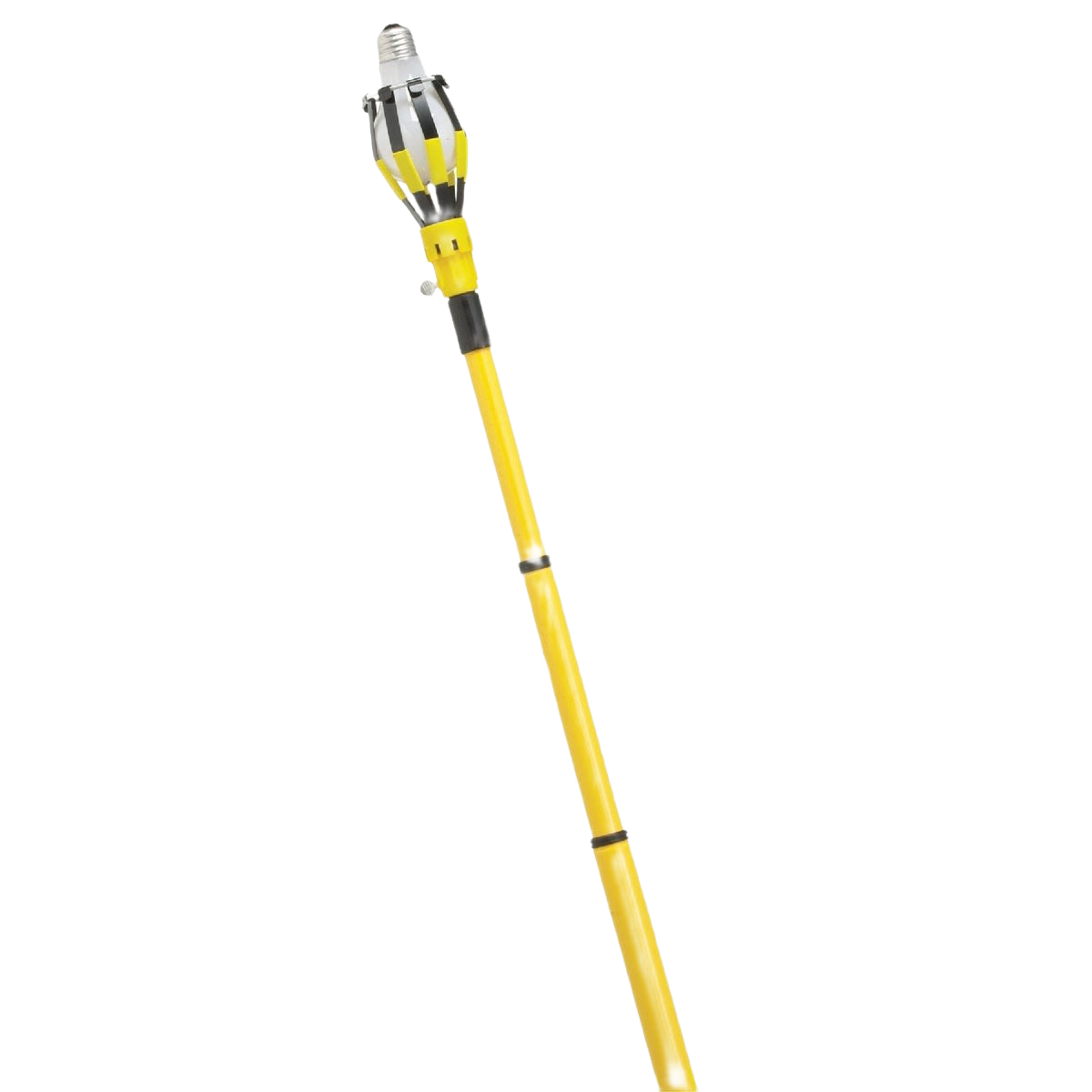 Yellow telescoping light bulb changer tool holding a bulb for home improvement and electrical hand tools use