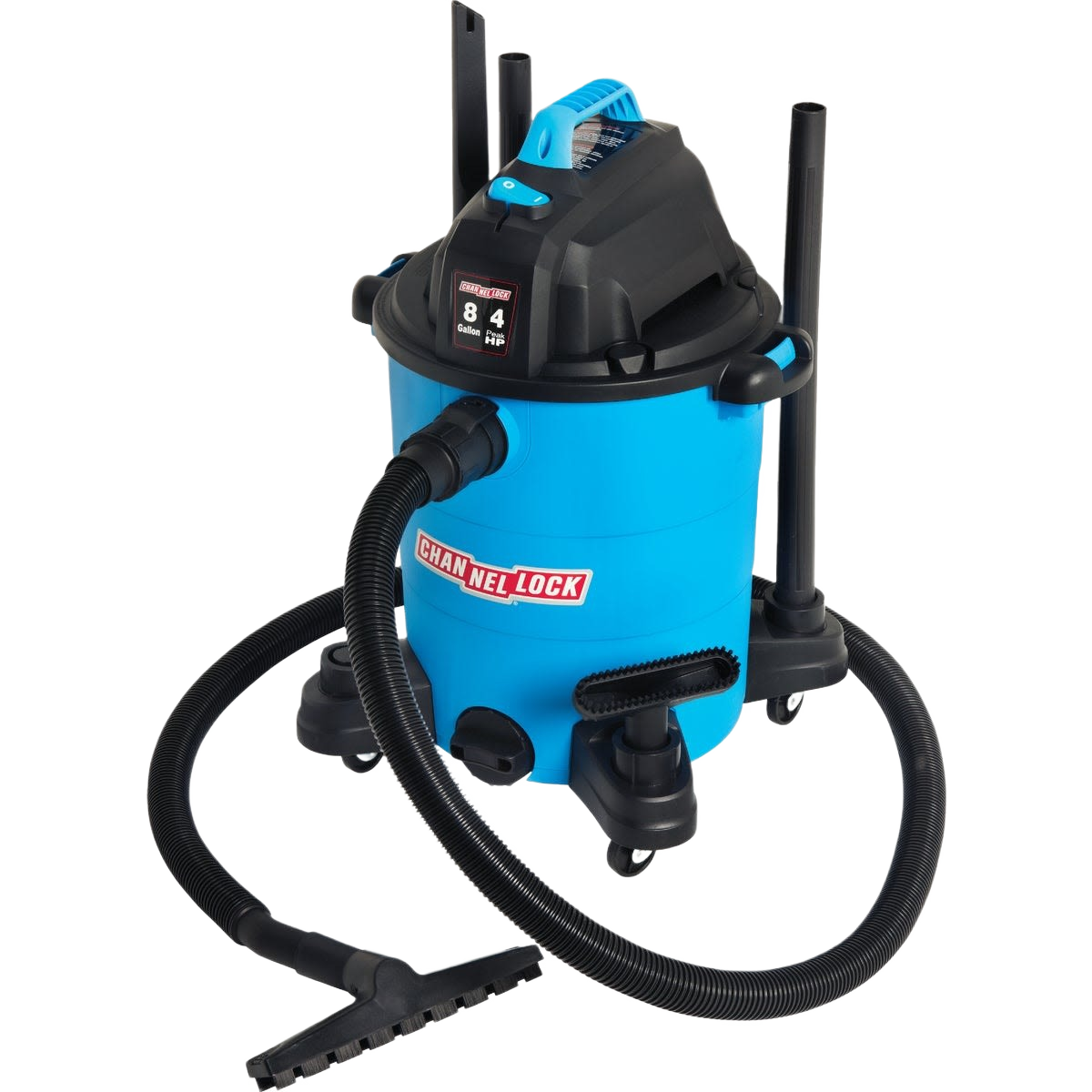 Blue and black 8-gallon wet/dry vacuum with attached hose and tool accessories for home improvement tasks