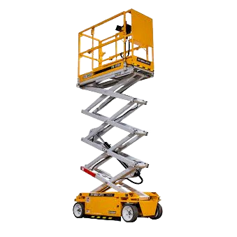 Yellow and gray electric scissor lift with elevated platform and guardrails, suitable for aerial work in rental equipment at Hartville Hardware.