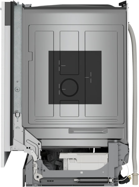 Side view of a 24-inch dishwasher chassis showing internal components and water inlet hose for kitchen appliance installation