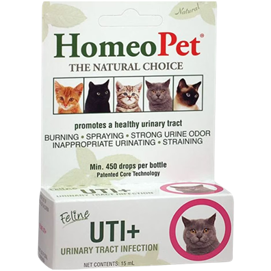 Homeopet feline urinary tract infection treatment box featuring cat images and natural health claims
