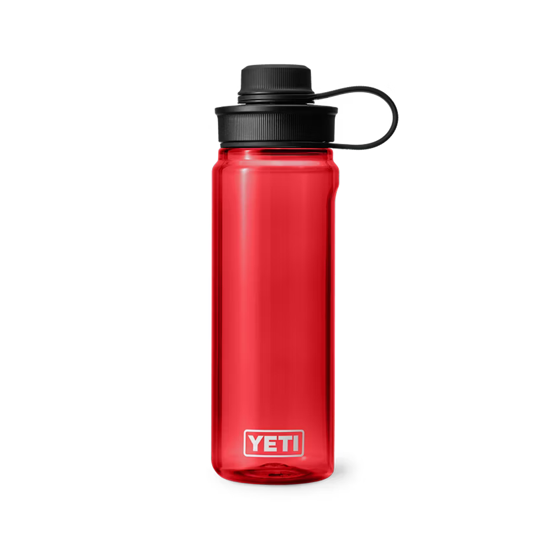 Red 25 oz. water bottle with black tether cap, durable drinkware for kitchen and outdoor use collections