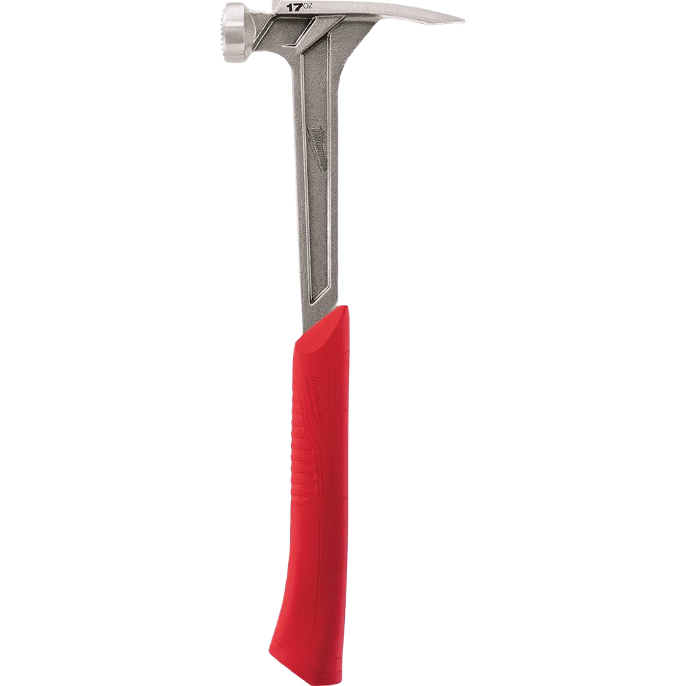 Red-handled steel framing hammer with milled face designed for precision in home improvement tasks