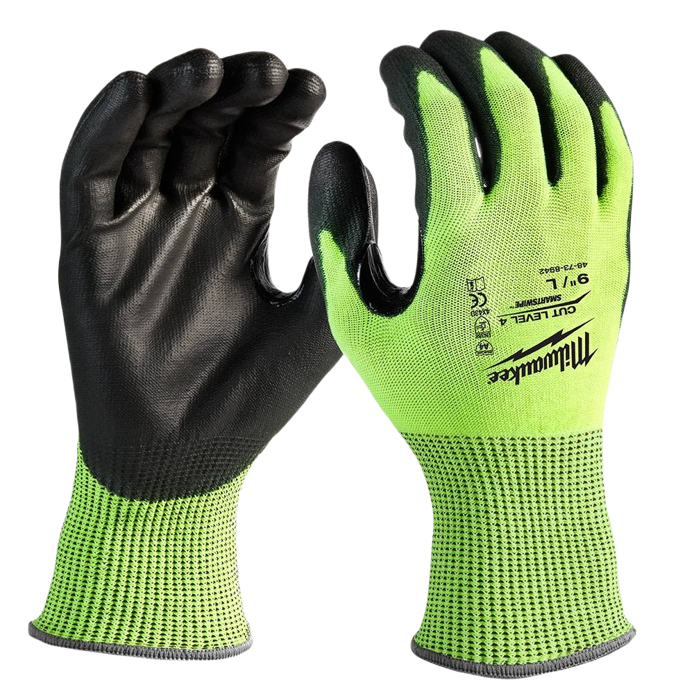 Pair of hi-vis green gloves with black polyurethane coating, cut level 4 protection for safety and work use