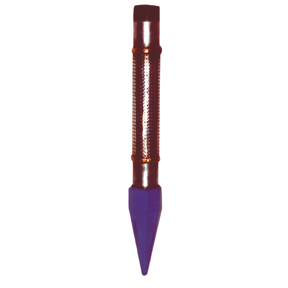 Copper-colored cylindrical well point with a blue pointed tip for water well and home improvement tools use