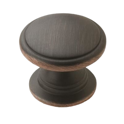 Round oil-rubbed bronze cabinet knob with subtle textured finish for home improvement and tools use
