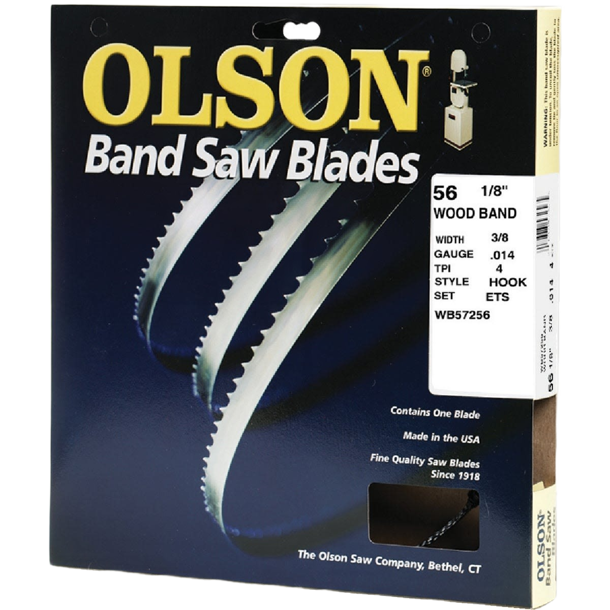 Packaging for Olson wood cutting band saw blade featuring curved saw blade with sharp teeth on dark background