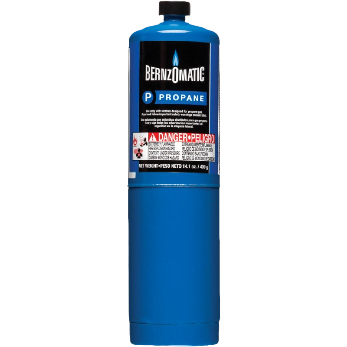 Blue Bernzomatic propane gas cylinder with safety warning label for tools and home improvement use