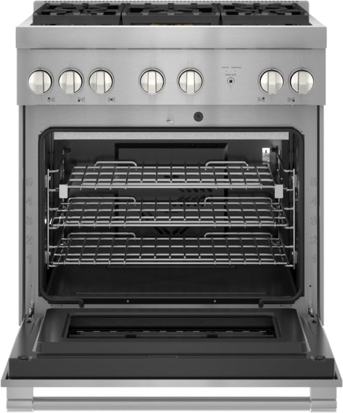 Stainless steel professional gas range oven with open door, multiple racks, and control knobs in kitchen appliances collection
