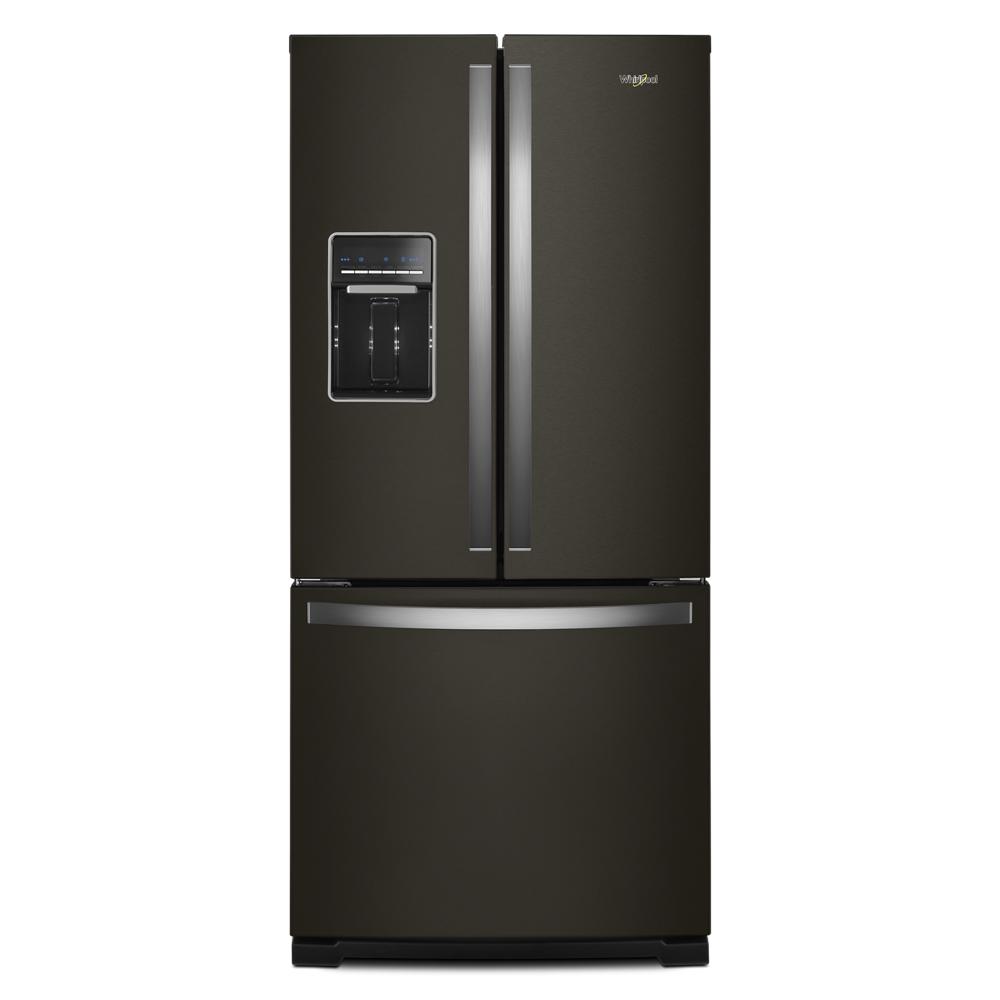Black finish French door refrigerator with bottom freezer drawer and built-in water dispenser in kitchen appliances collection