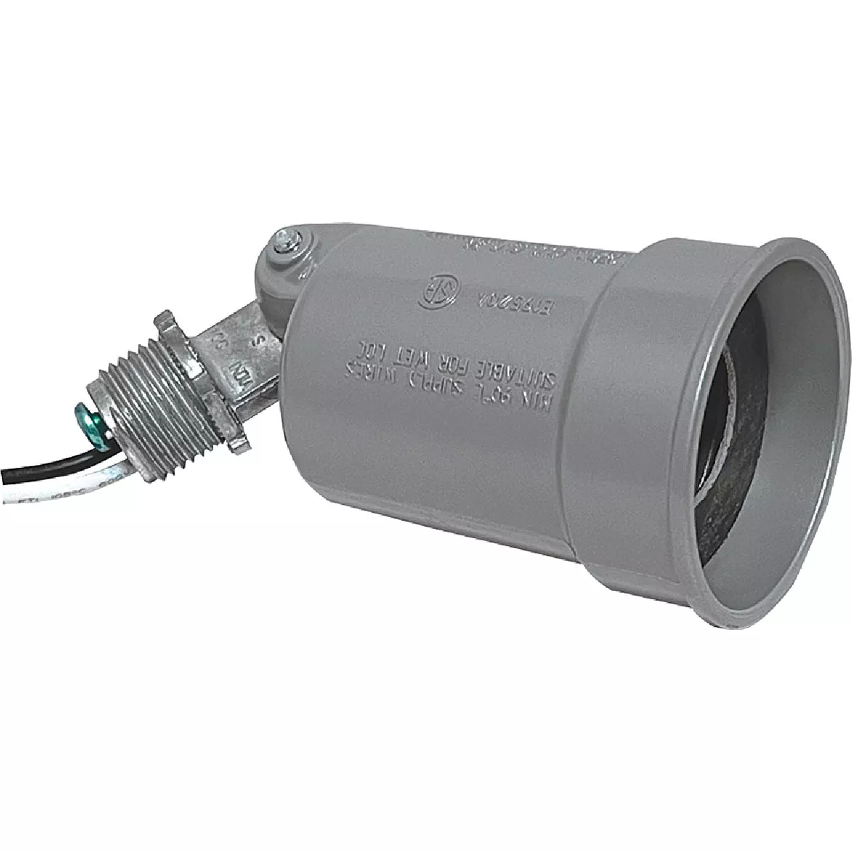 Gray weatherproof PAR38 lamp socket with metal connector and wiring for outdoor home improvement use