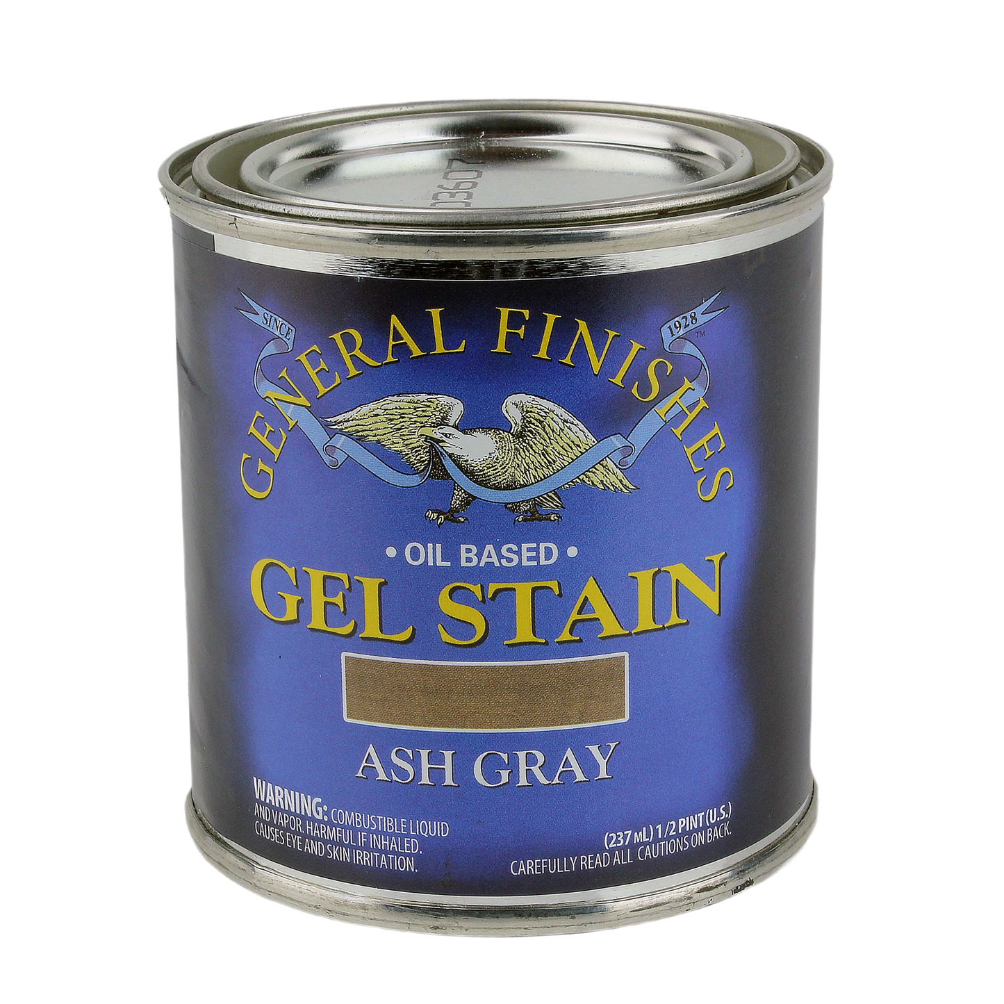 Metal can of oil-based gel stain in ash gray for wood finishing, included in stains and sealers collection