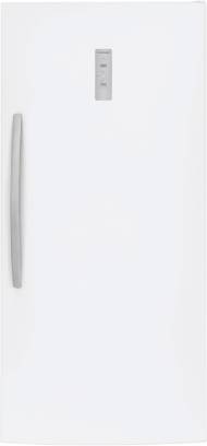 Tall white upright freezer with stainless steel handle and control panel, featured in freezers and appliances collection