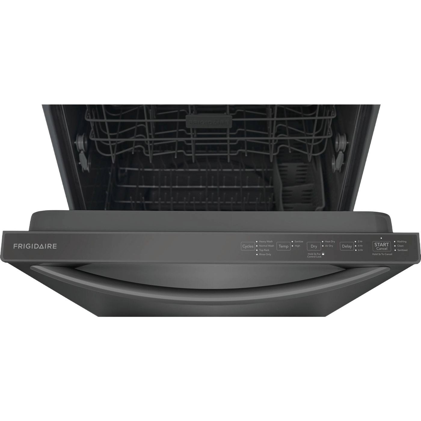 Top view of open built-in dishwasher with control panel and empty interior rack in modern kitchen setting