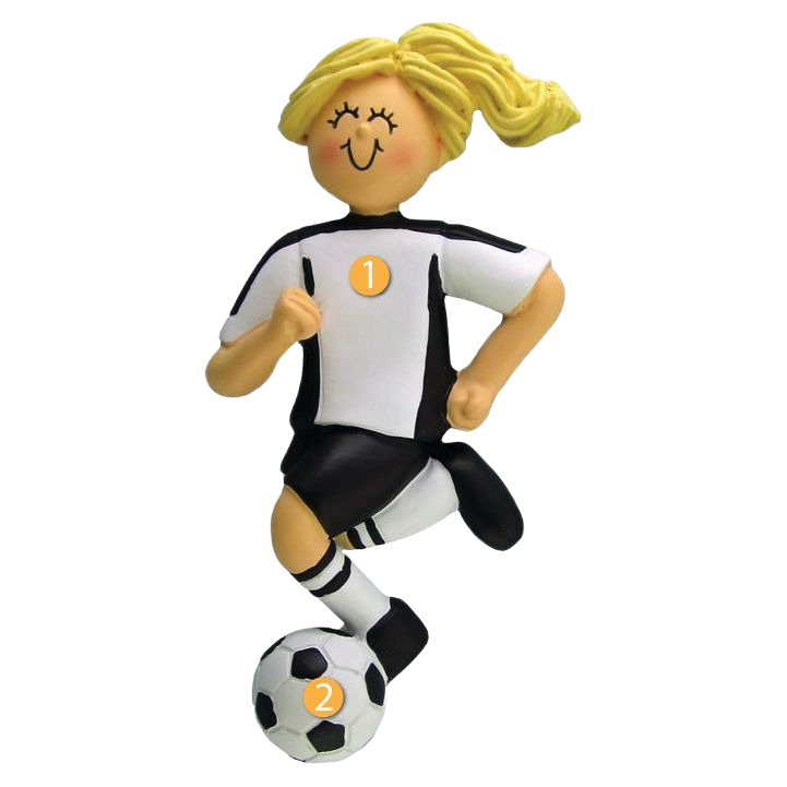 Blonde female soccer player ornament wearing black and white uniform kicking a soccer ball for Christmas décor