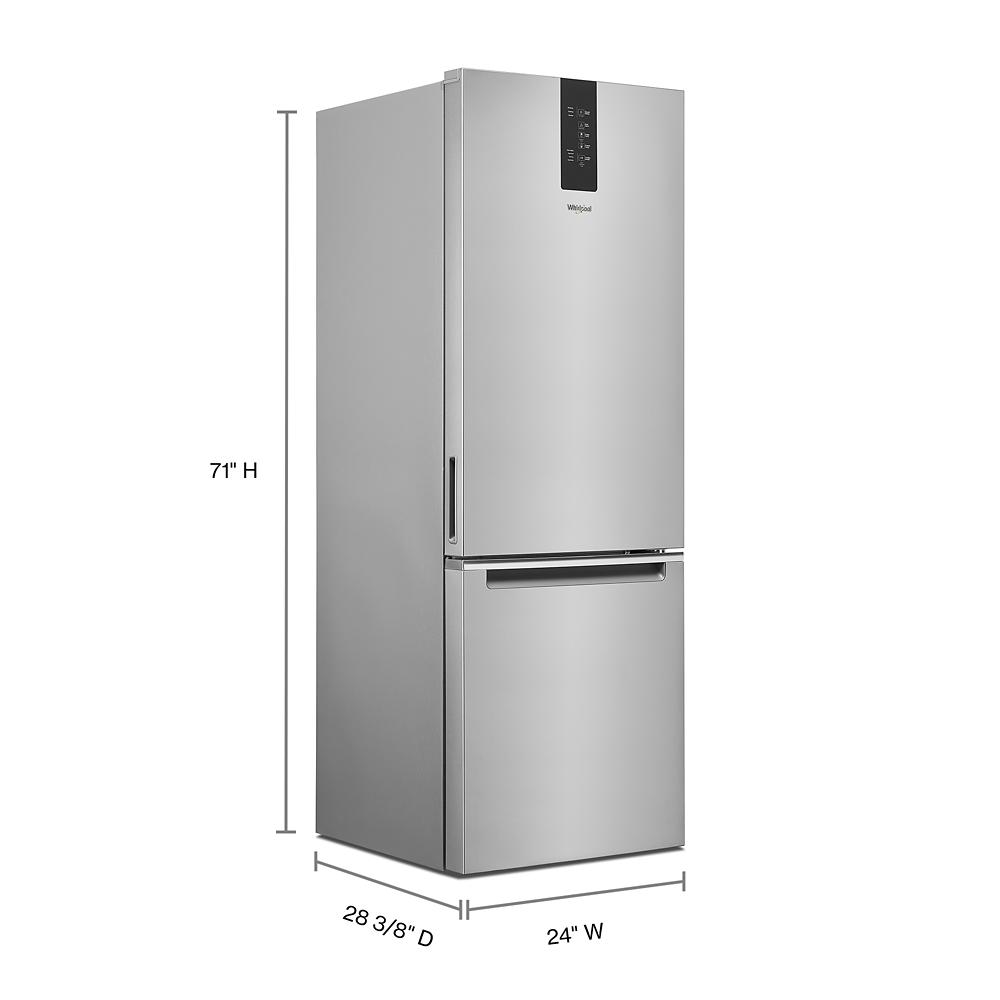 Slim stainless steel bottom-freezer refrigerator with digital controls designed for kitchen and garage use in appliances collection