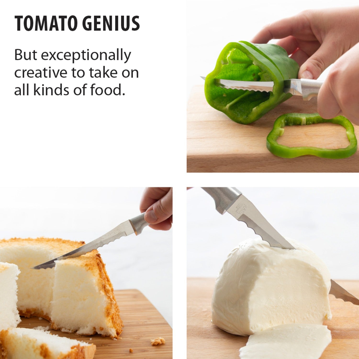 Hand using a serrated knife with a solid aluminum handle to slice green bell pepper, angel food cake, and soft cheese on wooden boards, ideal for kitchenware and cooking utensils collections under $50.