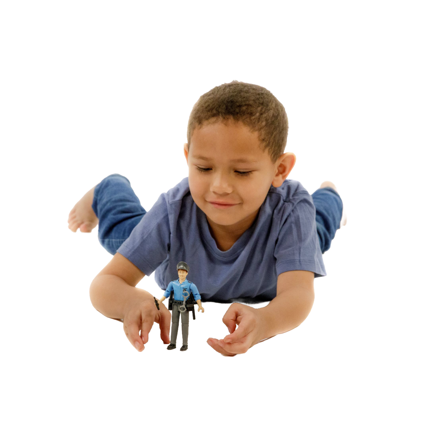 Young boy playing with Bruder Toys light skin policeman figure from Vehicles & Remote Controlled Toys and Toys & Games collections