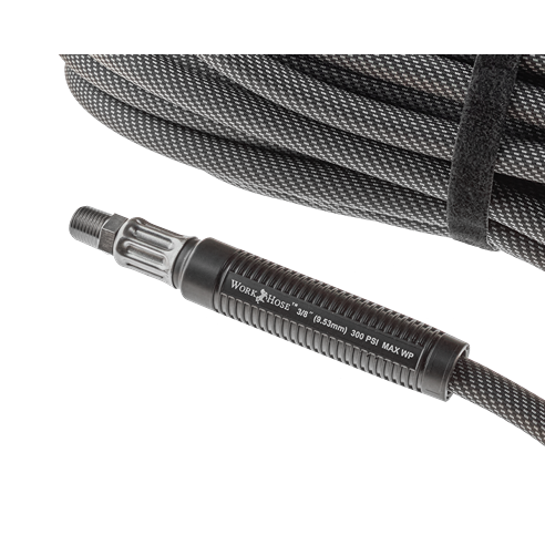 Coiled black high-pressure air hose with metal fitting, designed for air tools and home improvement under $100