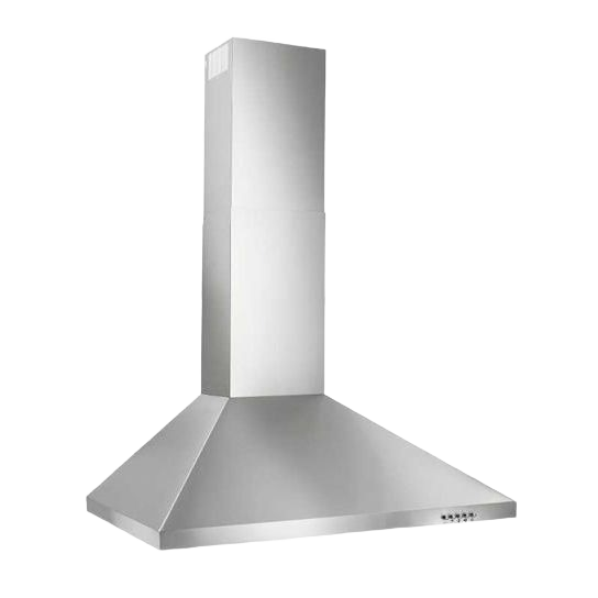 Stainless steel chimney range hood with minimalist design and LED controls, suitable for kitchen and home improvement collections.