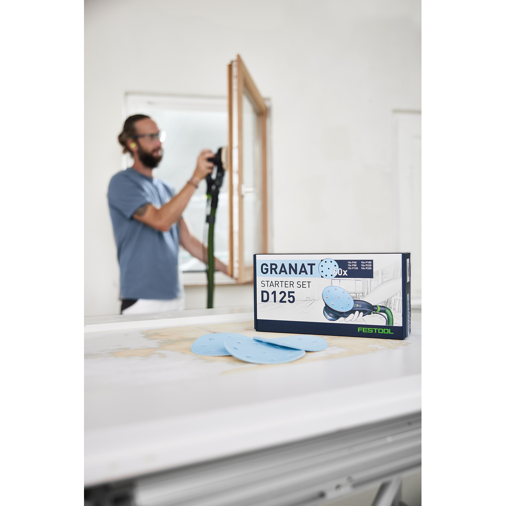 Festool Granat sanding discs starter kit with blue abrasives in box for tool accessories and home improvement tasks