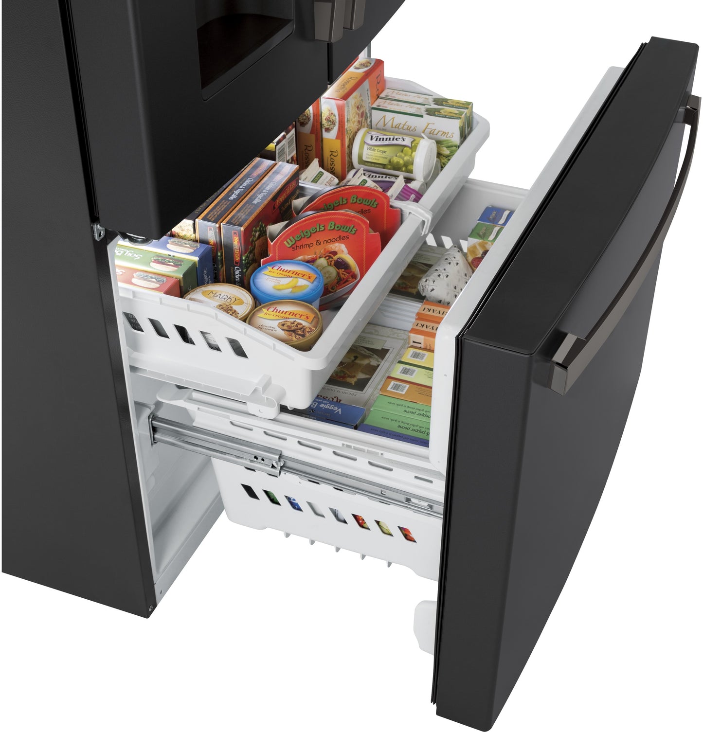 Open bottom freezer drawer of black French door refrigerator showing organized frozen food storage baskets and packaged items