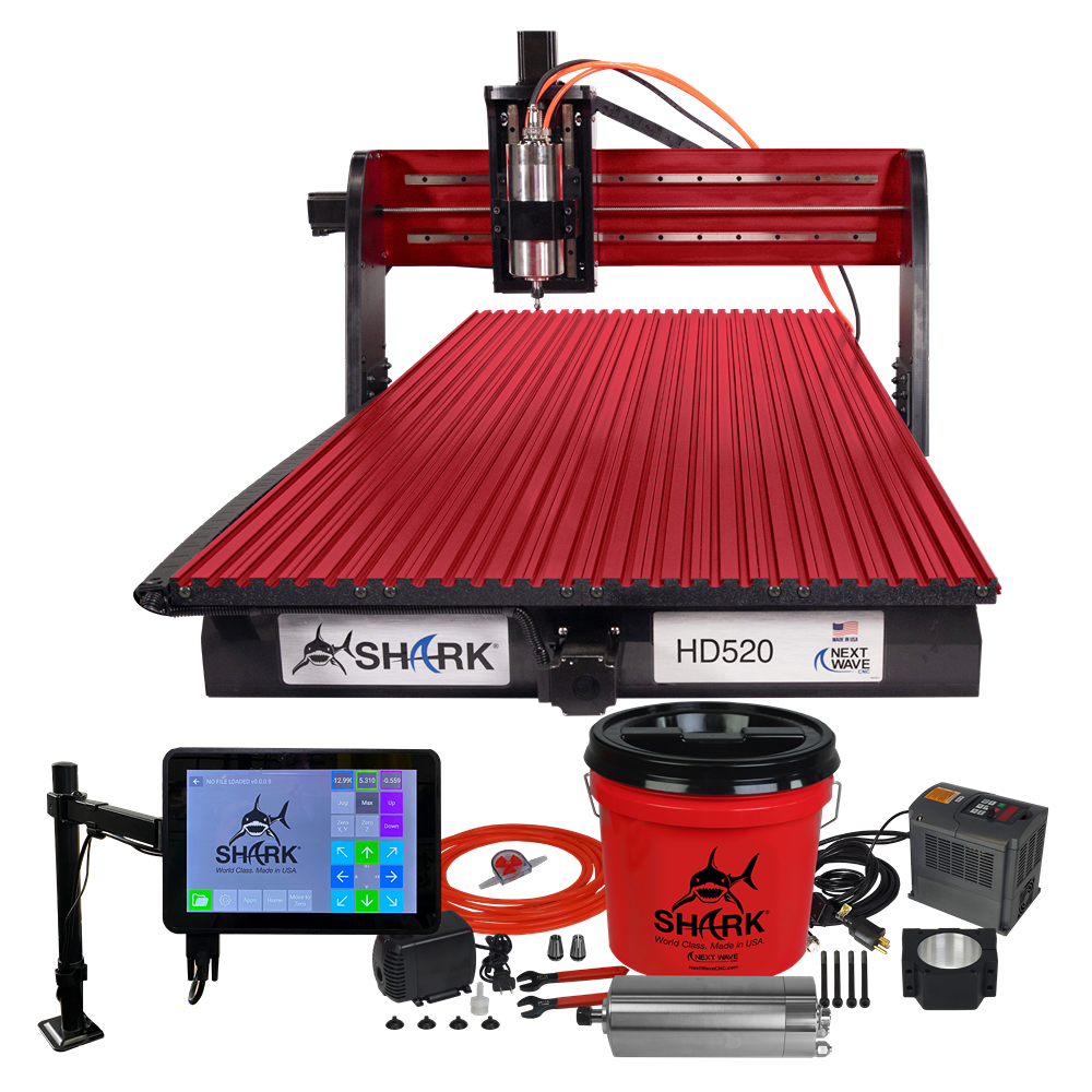 Red CNC machine bed with metal frame and control panel, accessories include bucket and power supply for home improvement tools