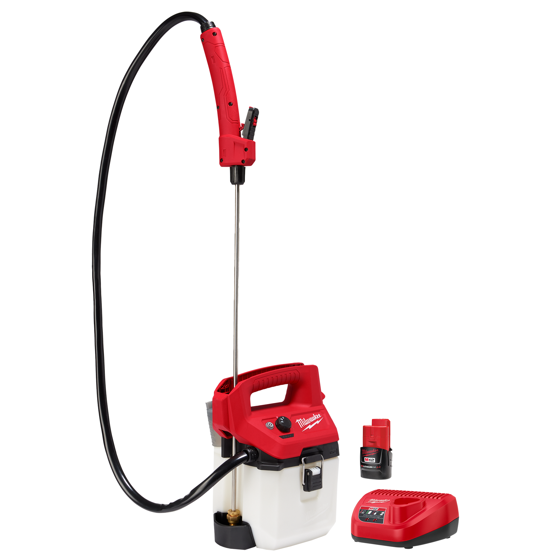 Red handheld sprayer with 1-gallon white tank, black hose, battery, and charger for home improvement tasks