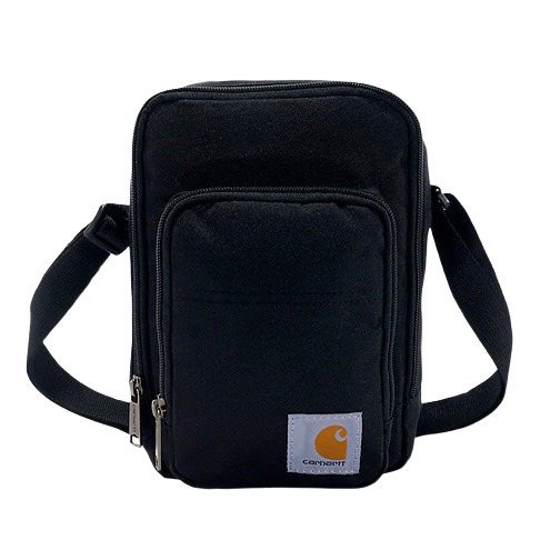 Black compact crossbody bag with adjustable strap and front zip pocket, ideal for everyday accessories and essentials.