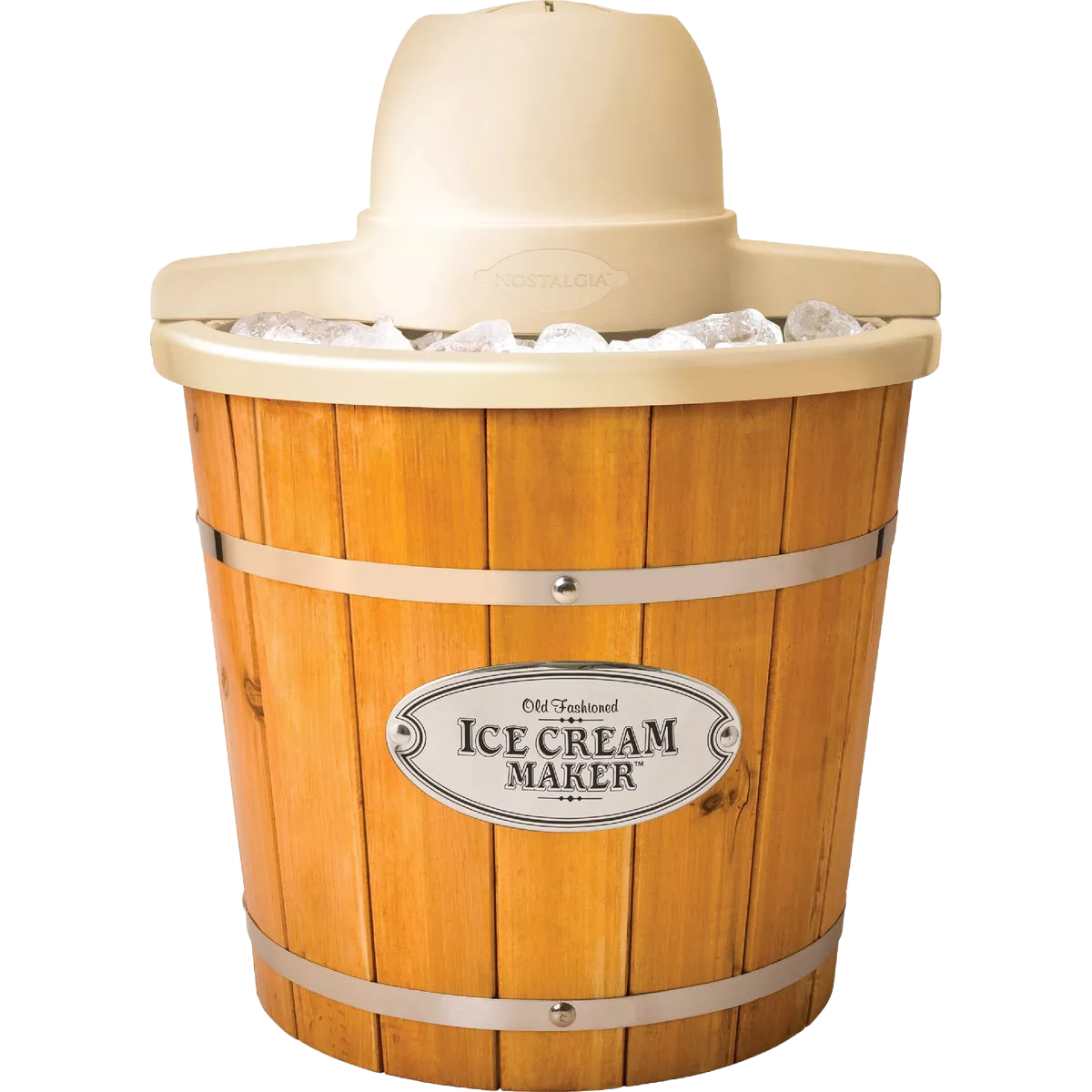 Electric ice cream maker with wooden exterior and cream-colored motor cover, part of small kitchen appliances collection