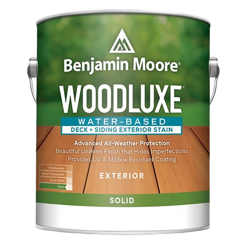 Benjamin Moore Woodluxe solid exterior stain for decks and siding with UV and mildew resistance under $100