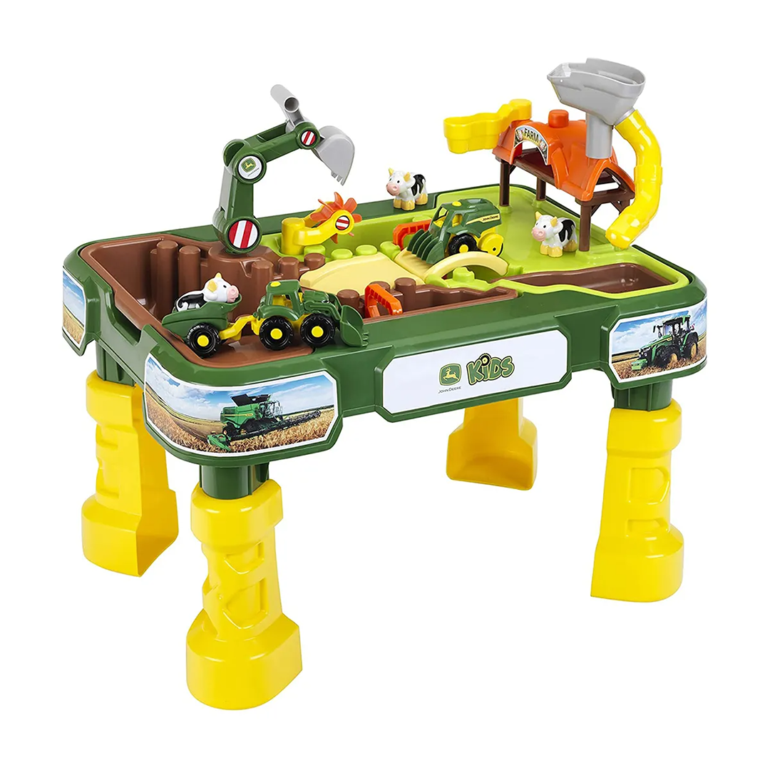 Green and yellow 2-in-1 sand and water play table with toy tractors and farm animal figures in Toys & Games collection