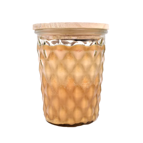 Textured glass jar candle with wooden lid, featuring a warm, layered brown wax for cozy home ambiance