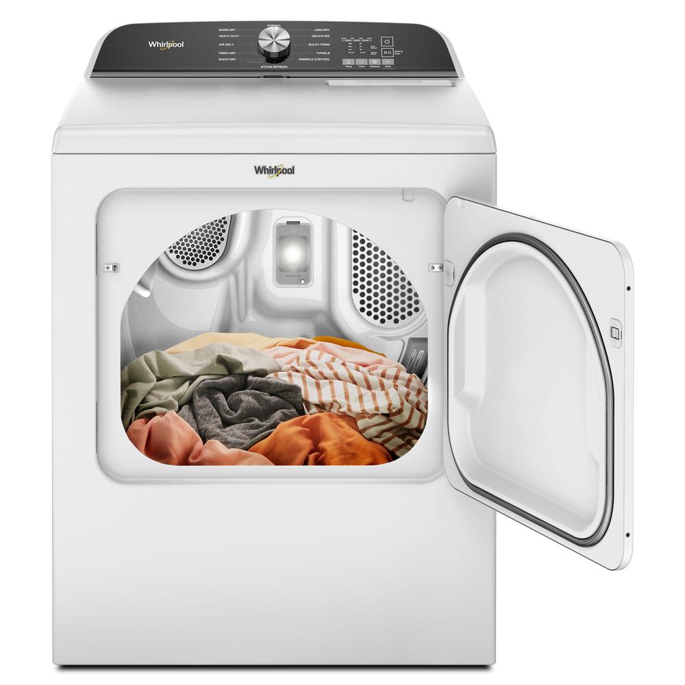 White top load electric dryer with open door showing mixed colorful clothes inside, for home improvement and appliance use