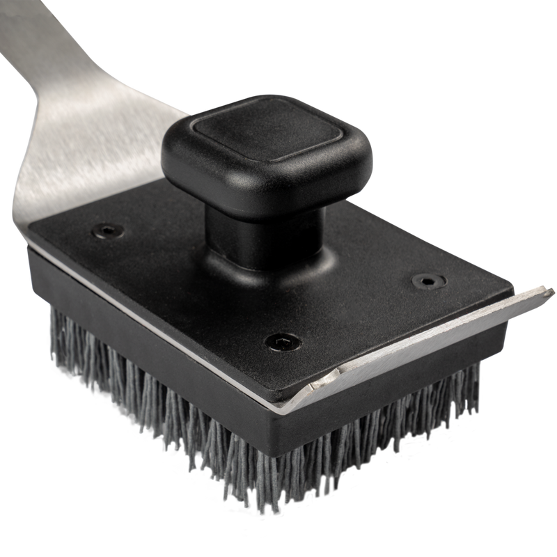 Grill cleaning brush with nylon bristles and stainless scraper for maintaining outdoor living grilling tools and accessories collections