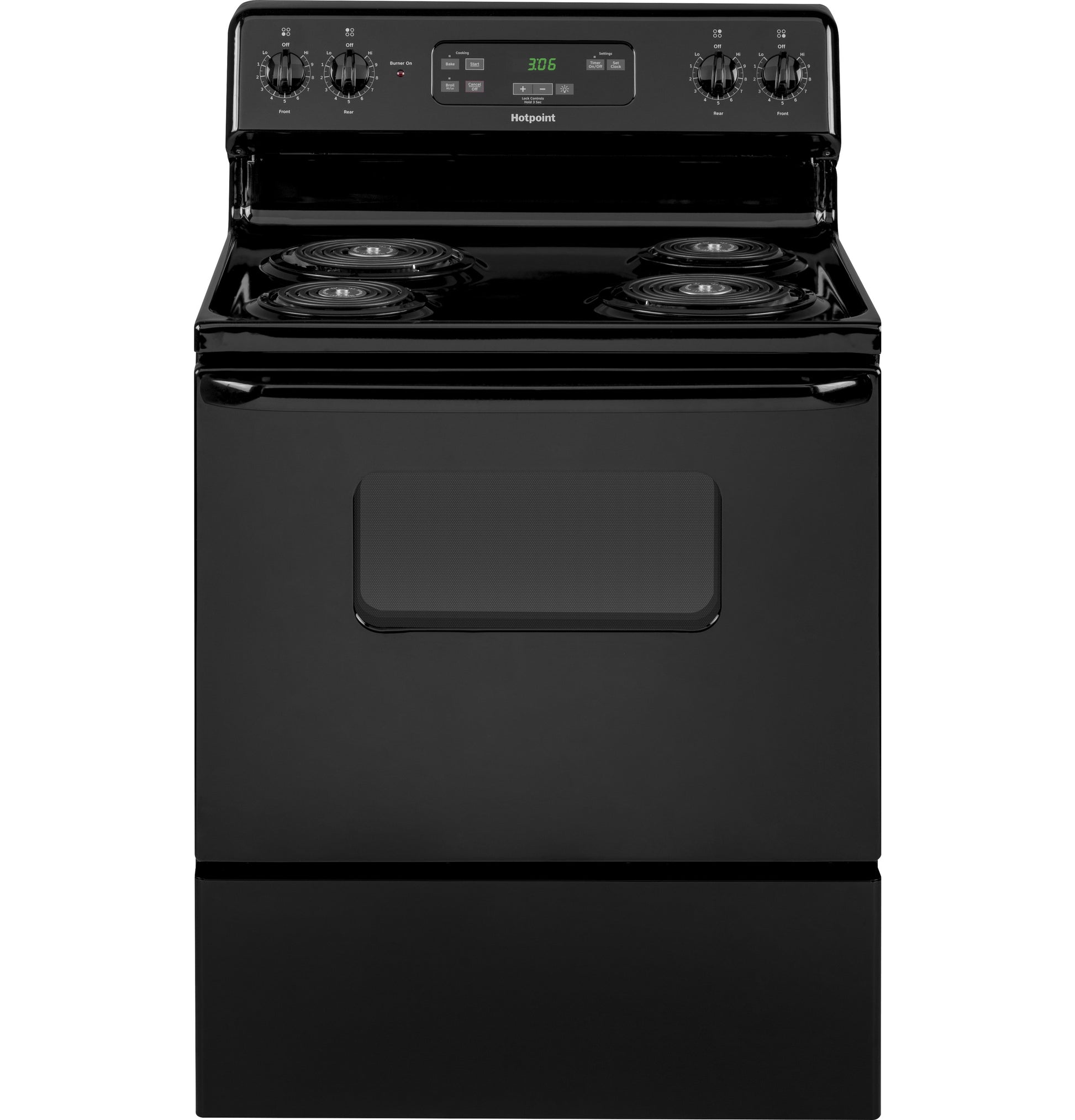 Black free-standing electric range with coil burners and digital display from Electric Ranges collection