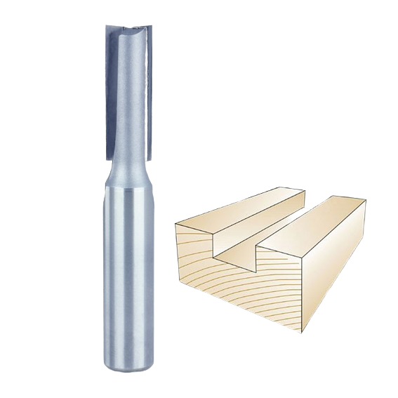 Straight router bit with 1/2 inch shank cutting groove in wood for woodworking and tool accessories collections
