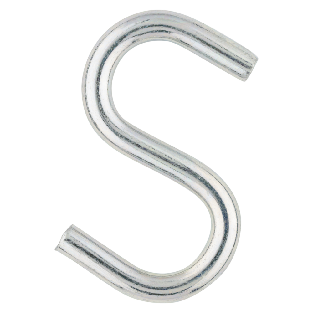 Zinc coated heavy open S hook for hanging and securing in hardware and fasteners collections
