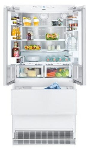 Built-in white French door refrigerator with open compartments and bottom freezer drawer in kitchen appliances collection
