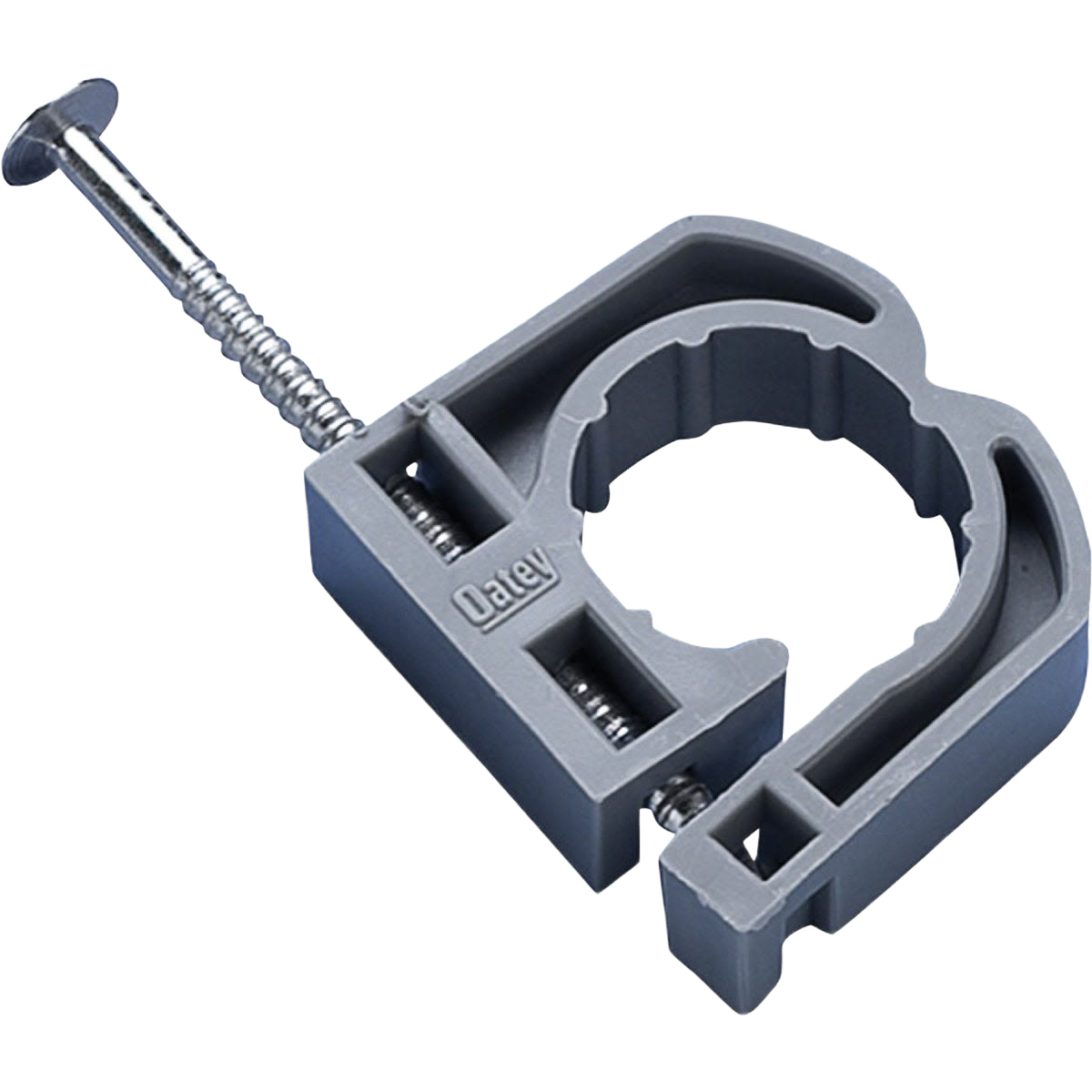 Gray plastic nail-on pipe clamp with integrated nail for secure mounting in plumbing accessories under $50 collection