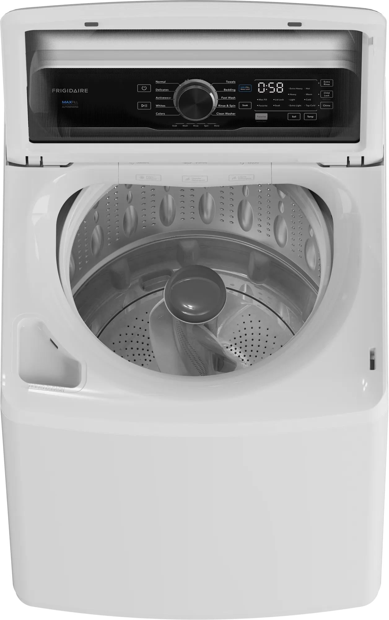 Top load washer in white with digital display, central agitator, and multiple wash cycles from Washers collection