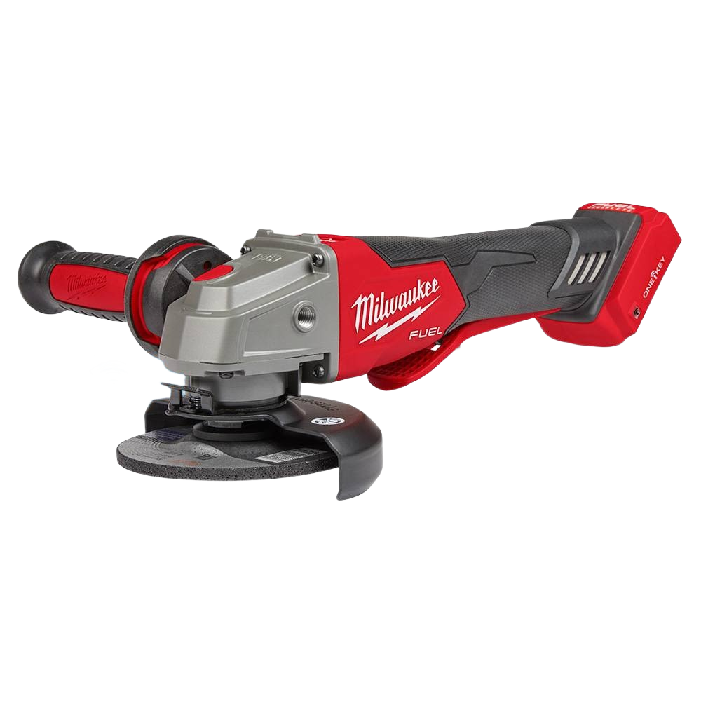 Cordless red and black Milwaukee braking grinder with paddle switch and ergonomic grip for home improvement tasks