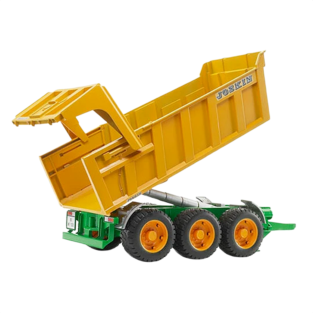Yellow and green Joskin tipping trailer model with triple axle wheels for realistic agricultural play and tool collections
