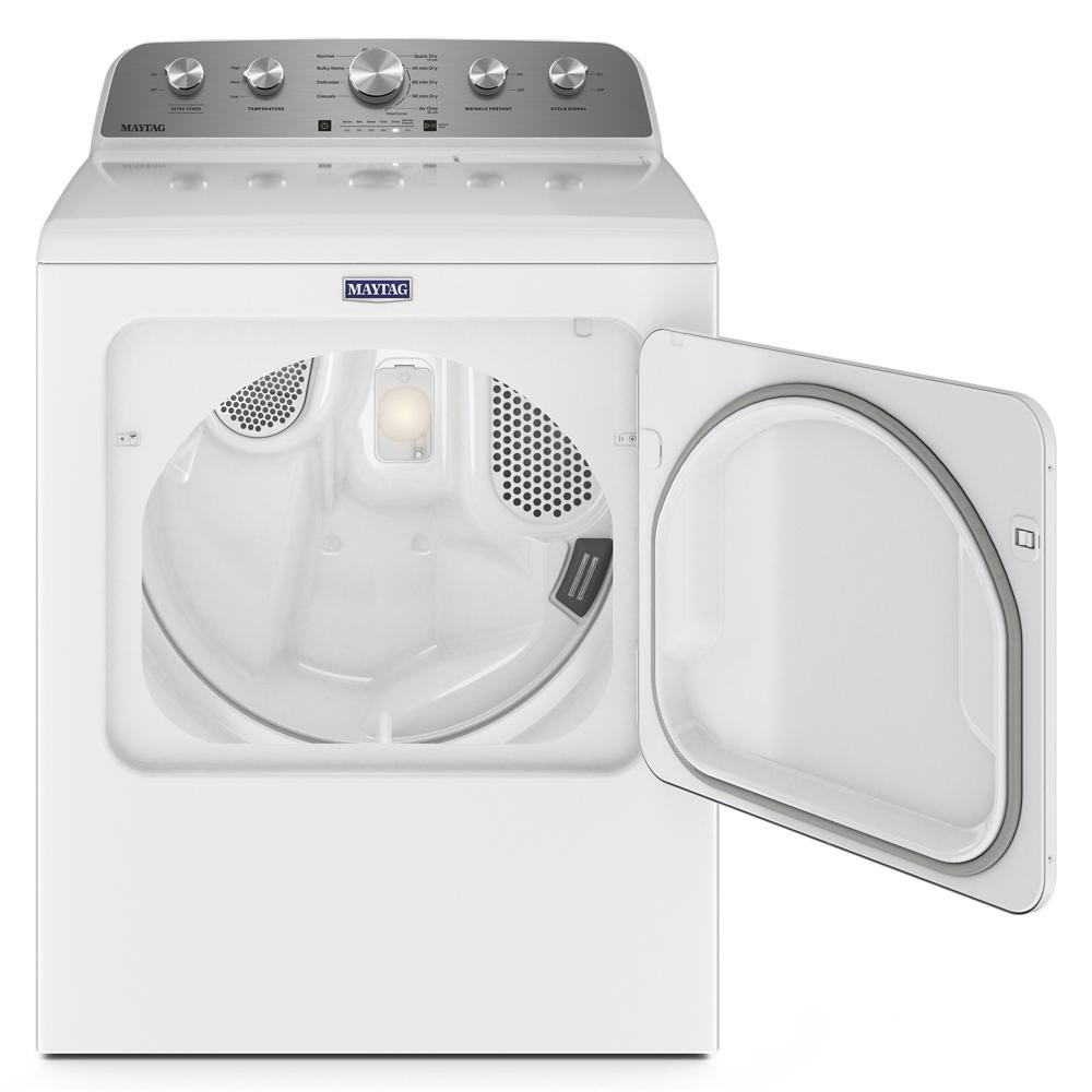 White top load gas dryer with open door showing empty drum and control panel in Dryers and Appliances collection