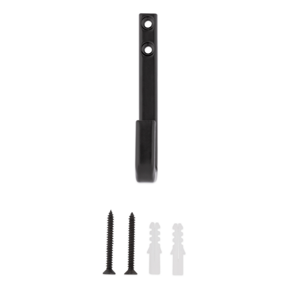 Matte black zinc modern hook with mounting screws and wall anchors for garage and dorm storage under $50 home improvement tool