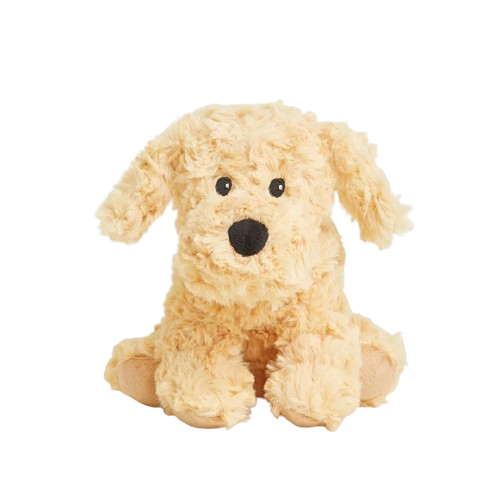 Soft microwavable plush golden dog with floppy ears and black button eyes for cozy comfort and warmth