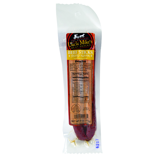 Honey flavored beef stick snack in clear sealed packaging, gluten-free option from Chips & Snacks under $50 collection