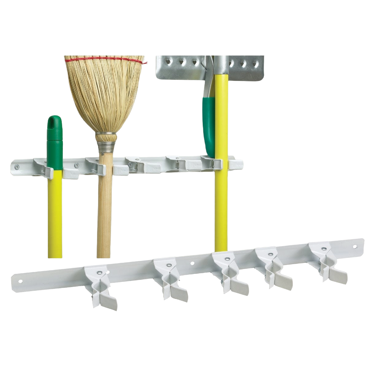 White rust-resistant spring clip rack holding cleaning tools for storage and organization in home improvement settings