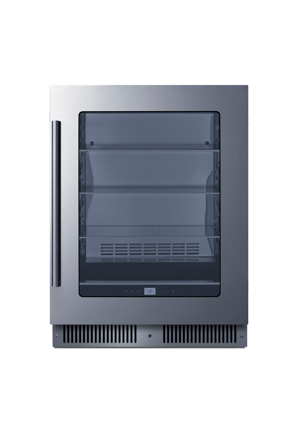 Stainless steel built-in beverage center with glass door, adjustable shelves, and digital temperature control in kitchen appliances collection